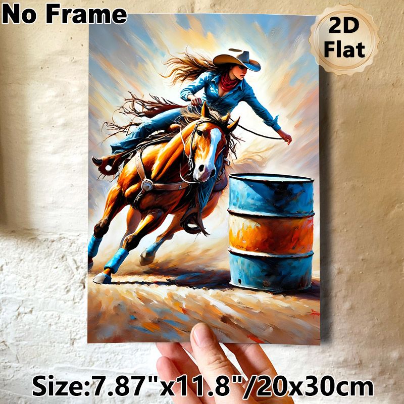 Barrel Racing Cowgirl Painting Poster, Vibrant Dynamic Oil Painting Style Poster, Captures Energetic Western Riding Action, Ideal For Living Room And_maomaolike.com