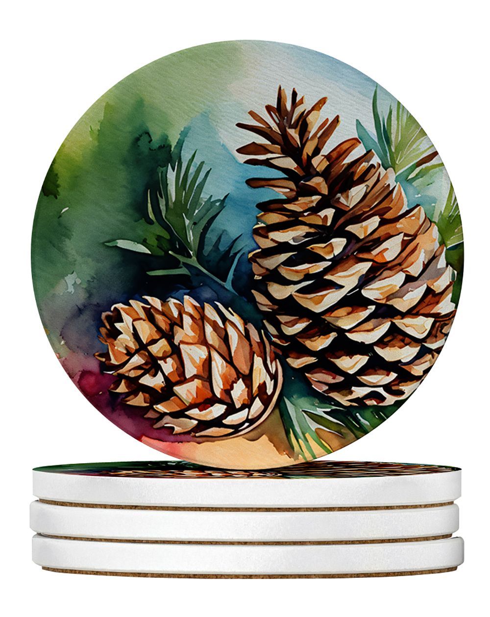 Maine White Pine Cone And Tassels In Watercolor Large Sandstone Coasters Pack Of 4 Absorbent Round Coasters Decor Gifts For Men Or Women, 4 In, Multicolor_maomaolike.com