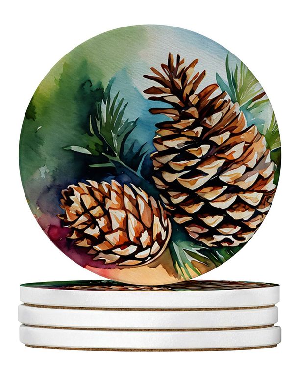 Maine White Pine Cone And Tassels In Watercolor Large Sandstone Coasters Pack Of 4 Absorbent Round Coasters Decor Gifts For Men Or Women, 4 In, Multicolor_maomaolike.com