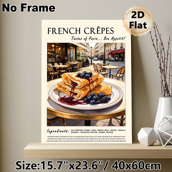 French Crêpes Painting Poster, Vintage Parisian Café Style Illustrated Poster, Appetizing Berry-topped Crêpes Design, Ideal For Kitchen And Dining_maomaolike.com
