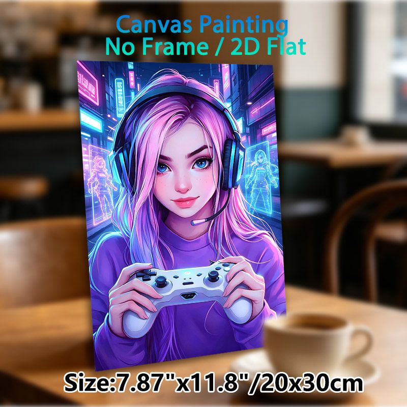 Cyberpunk Gamer Girl Painting Poster, Vibrant Neon Anime Style Poster, Eye-catching Neon-lit Cyberpunk Design Ideal For Gaming Room And Bedroom Decor_maomaolike.com