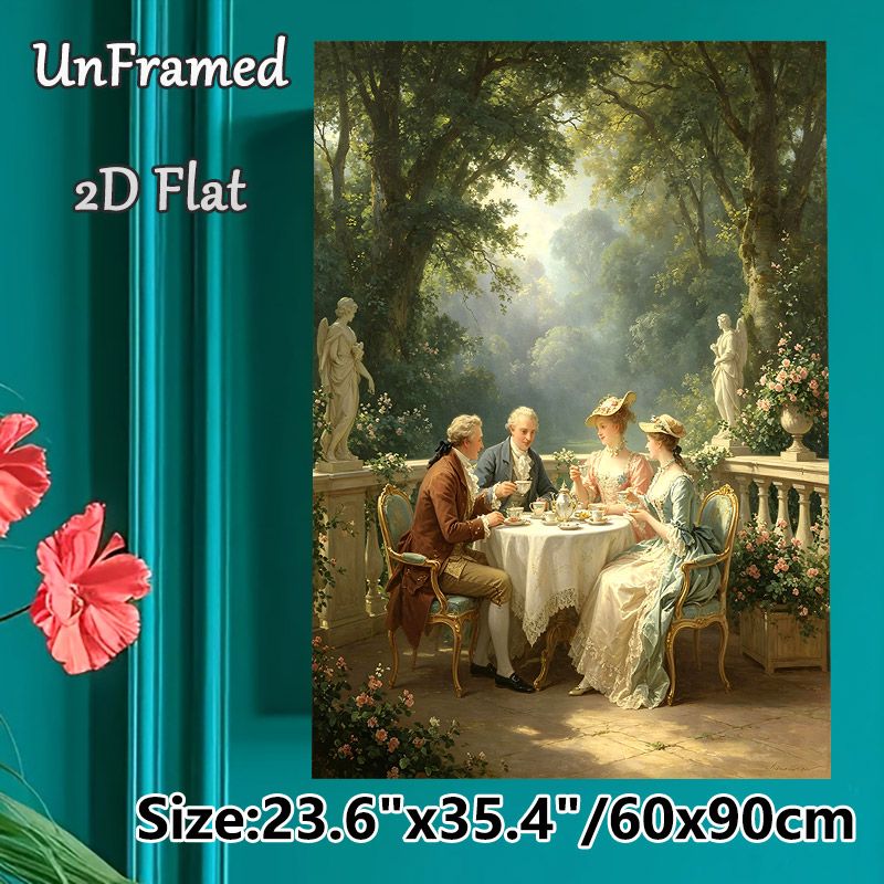 18th-Century Garden Tea Party Painting Poster, Elegant Classic Romantic Poster, Delicate Vintage Aristocratic Outdoor Tea Gathering Artwork, Ideal For_maomaolike.com