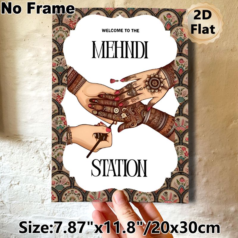 Mehndi Station Themed Painting Poster, Intricate Ethnic Style Poster With Hand Mehndi Art & Floral Border, Cultural Decorative Piece Ideal For Wedding_maomaolike.com