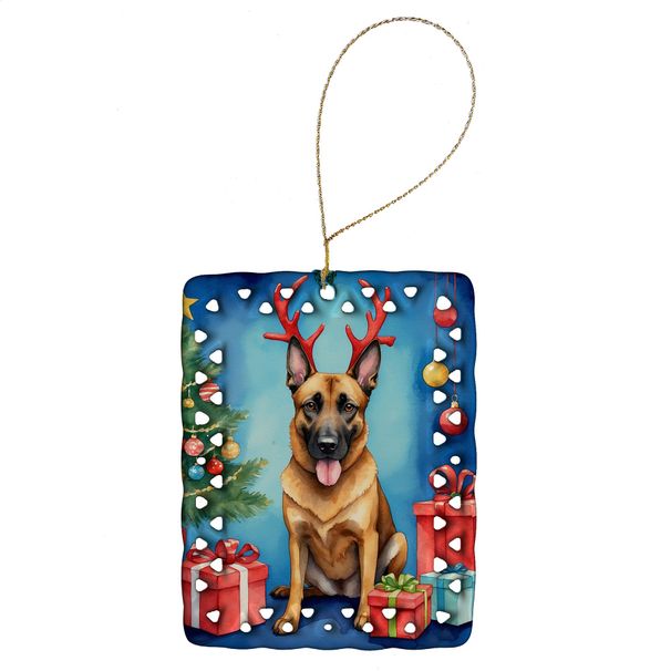 Belgian Malinois Christmas Reindeer Porcelain Ornament Christmas Tree Hanging Decorations For Home Christmas Holiday, Rectangle, Gift, Multicolor_maomaolike.com
