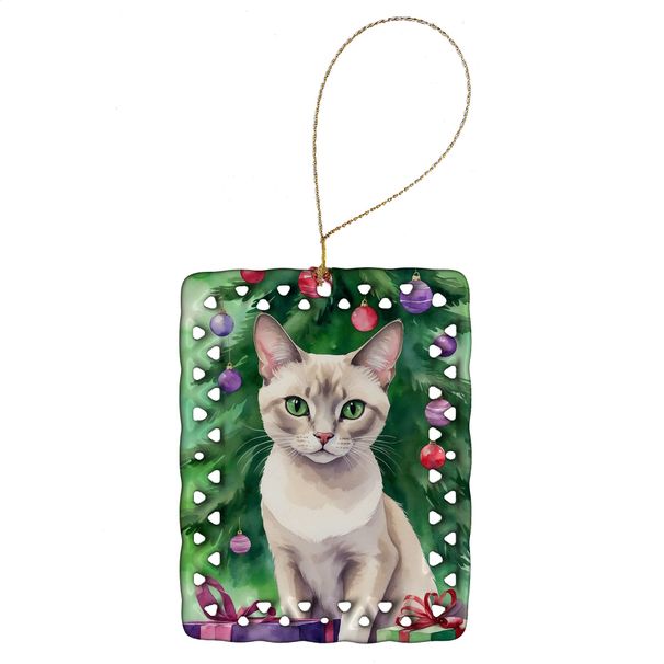 Thai Lilac Cat By The Christmas Tree Porcelain Ornament Christmas Tree Hanging Decorations For Home Christmas Holiday, Rectangle, Gift, Multicolor_maomaolike.com