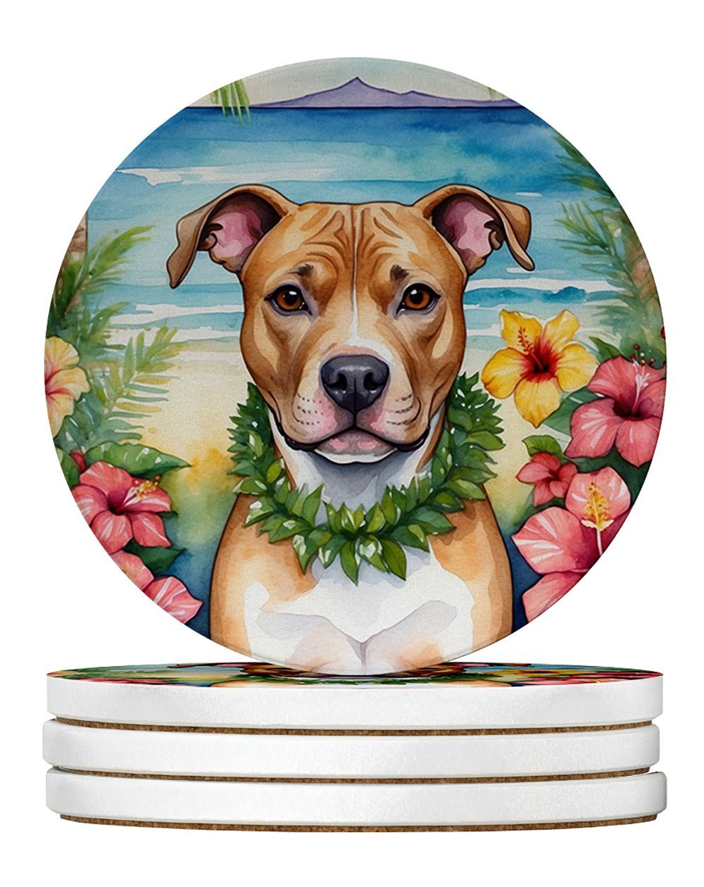 Pit Bull Terrier Luau Large Sandstone Coasters Pack Of 4 Absorbent Round Coasters Decor Gifts For Men Or Women, 4 In, Multicolor_maomaolike.com