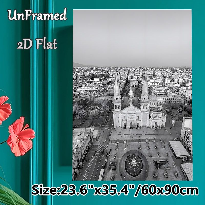 City Cathedral Aerial View Painting Poster, Monochrome Classic Architectural Urban Scene Poster, Elegant Vintage-style Wall Decor Suitable For Living_maomaolike.com