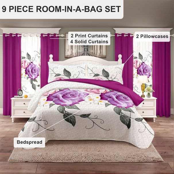 9 Piece Soft All-Season Washed Microfiber Cover Set , Queen/King/Calking Bedding Set With Pillowcases,Bedspread Print Curtains & Solid Curtains,Print, Moisture-Wicking, Soft ,Cooling, Easy Care_maomaolike.com