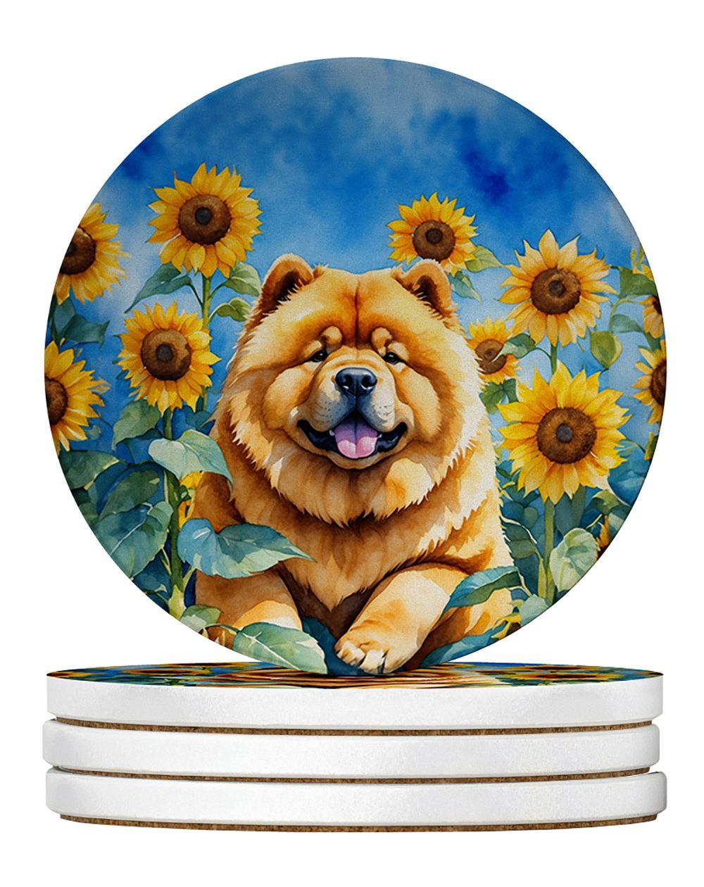 Chow Chow In Sunflowers Large Sandstone Coasters Pack Of 4 Absorbent Round Coasters Decor Gifts For Men Or Women, 4 In, Multicolor_maomaolike.com