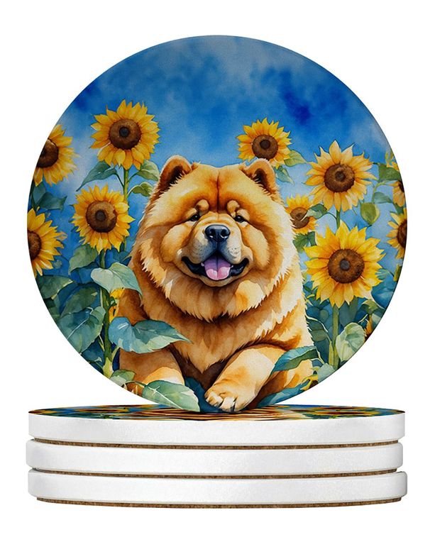 Chow Chow In Sunflowers Large Sandstone Coasters Pack Of 4 Absorbent Round Coasters Decor Gifts For Men Or Women, 4 In, Multicolor_maomaolike.com