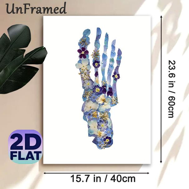 Pressed Floral Skeleton Hand Painting Poster, Delicate Blue & Purple Pressed Floral Skeleton Hand Poster, Unique Artistic Decor For Living Room_maomaolike.com