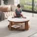 Modern Large Round Ottoman Coffee Table 2-Tier Oversized Button Tufted Ottoman With Wood Shelf Storage Upholstered Coffee Table For Living Room Footrest Ottoman With Wheel, Waterproof Linen_maomaolike.com