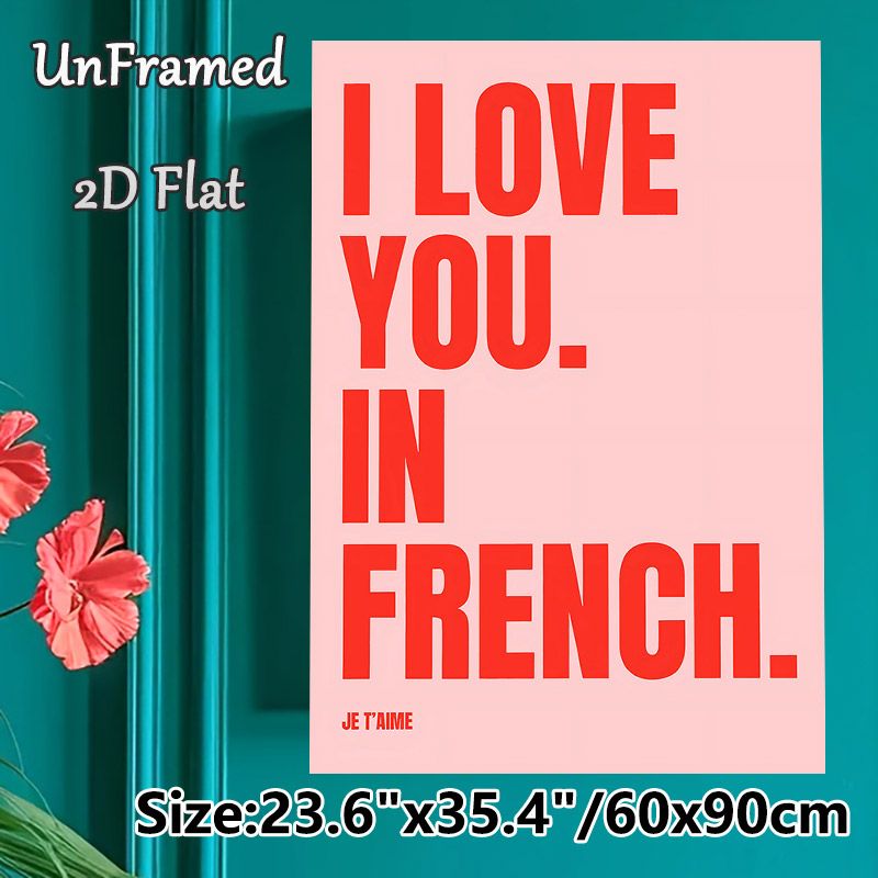 I Love You In French Themed Painting Poster, Vibrant Minimalist Typographic Poster, Bold Red Typography On Soft Pink, Romantic Bilingual Message Ideal_maomaolike.com