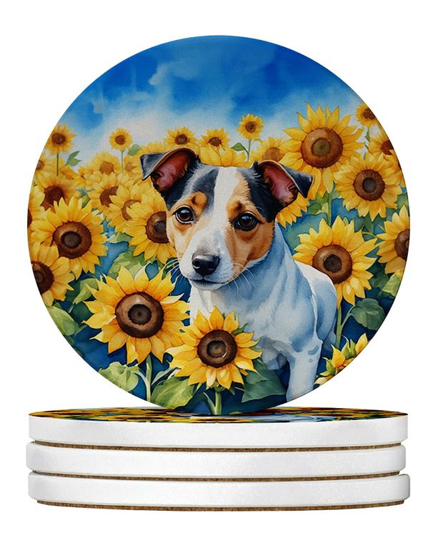 Jack Russell Terrier In Sunflowers Large Sandstone Coasters Pack Of 4 Absorbent Round Coasters Decor Gifts For Men Or Women, 4 In, Multicolor_maomaolike.com