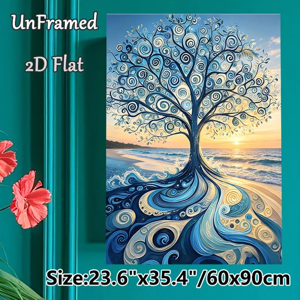 Beach Swirl Tree Painting Poster, Vibrant Swirly Artistic Tree With Sunset Beach Scene Poster, Eye-catching Decorative Piece Ideal For Living Room_maomaolike.com