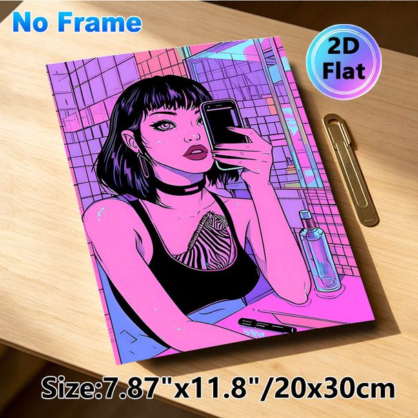 Anime Girl Selfie Painting Poster, Vibrant Neon Cyber-Style Bathroom Scene Poster, Eye-catching Trendy Decor For Bedroom, Living Room_maomaolike.com