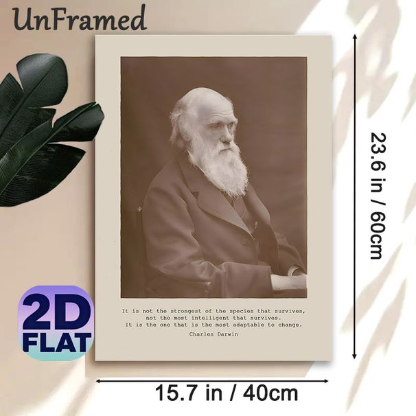 Charles Darwin Portrait With Inspirational Quote Painting Poster, Vintage Sepia-toned Classic Portrait Poster, Motivational Quote Design For_maomaolike.com