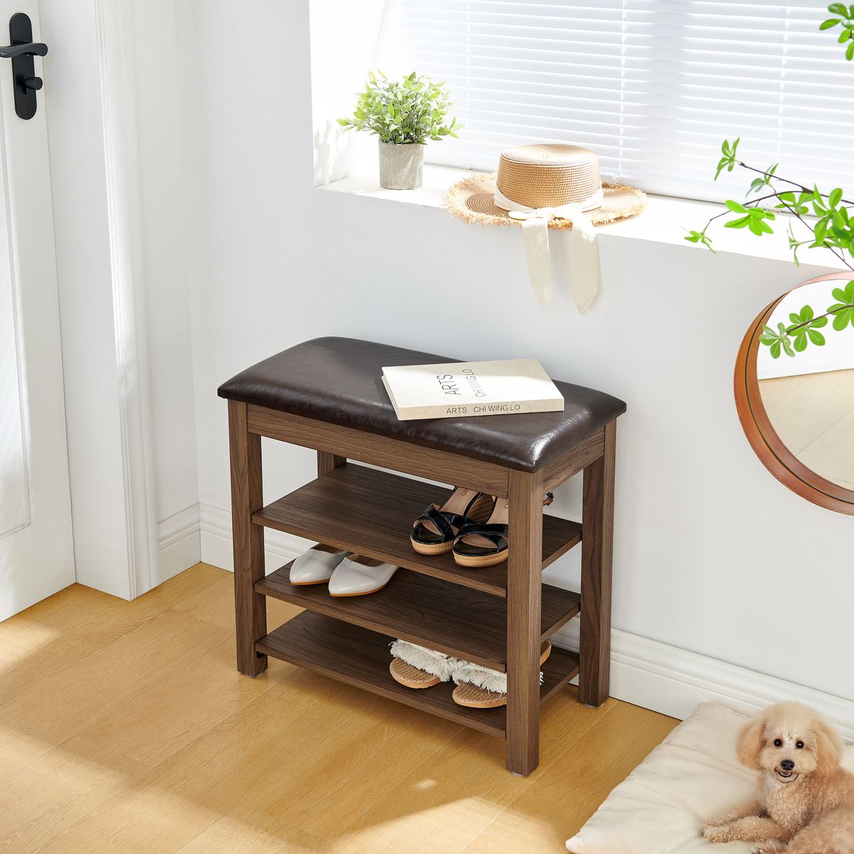 A Height-adjustable Shoe-changing Bench Made Of High-quality Wood, Equipped With A Comfortable Seat And Concealed Storage Space,Natural Rubber Wood,Brown_maomaolike.com