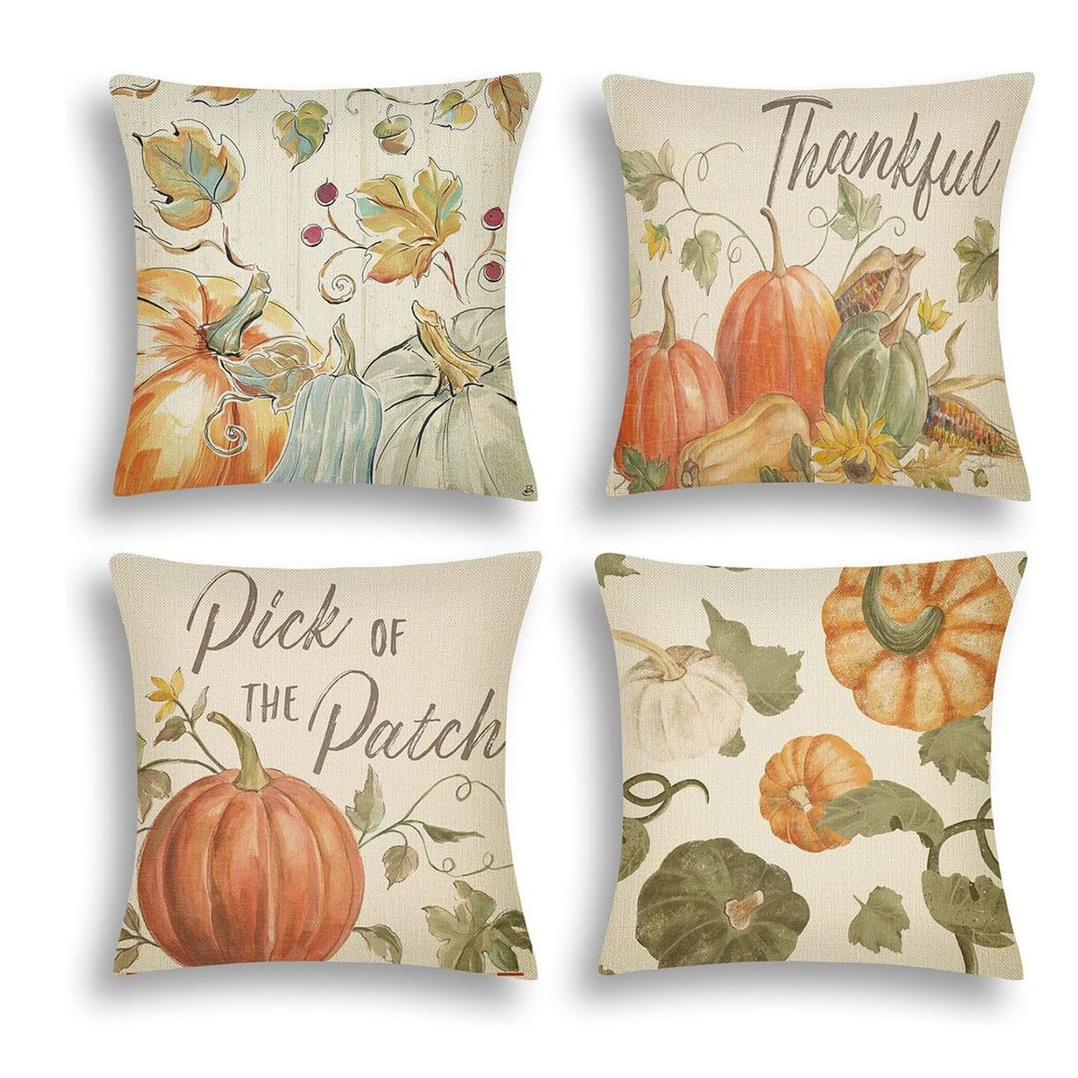 4Pcs Fall Pillow Covers Pumpkin Pick Of The Patch Thankful Pattern Autumn Throw Pillow Covers Thanksgiving Watercolour Farmhouse Pillowcase For Home Sofa Couch_maomaolike.com