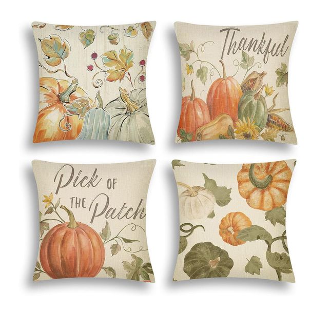 4Pcs Fall Pillow Covers Pumpkin Pick Of The Patch Thankful Pattern Autumn Throw Pillow Covers Thanksgiving Watercolour Farmhouse Pillowcase For Home Sofa Couch_maomaolike.com