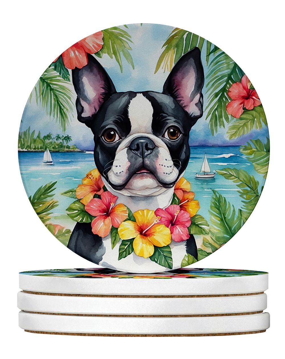Boston Terrier Luau Large Sandstone Coasters Pack Of 4 Absorbent Round Coasters Decor Gifts For Men Or Women, 4 In, Multicolor_maomaolike.com