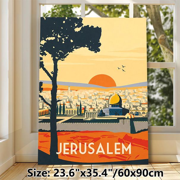 Jerusalem Cityscape Painting Poster, Warm-toned Vintage Travel Style Poster, Captivating Sunset-over-city View With Iconic Domed Building, Ideal For_maomaolike.com