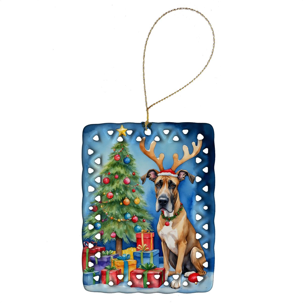 Great Dane Christmas Reindeer Porcelain Ornament Christmas Tree Hanging Decorations For Home Christmas Holiday, Rectangle, Gift, Multicolor_maomaolike.com