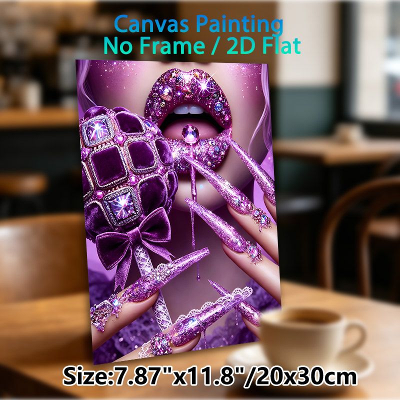 Purple Glam Lips & Jeweled Nails Painting Poster, Sparkly Luxury Crystal-embellished Poster, Eye-catching Decorative Piece Ideal For Bedroom, Vanity_maomaolike.com
