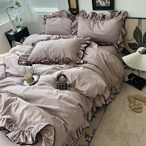 Wholesale INS Korean Summer Washed Tencel Four-Piece Princess Style Ruched Lace Solid Color Ice Silk Cool Feel 4-Piece Set_maomaolike.com