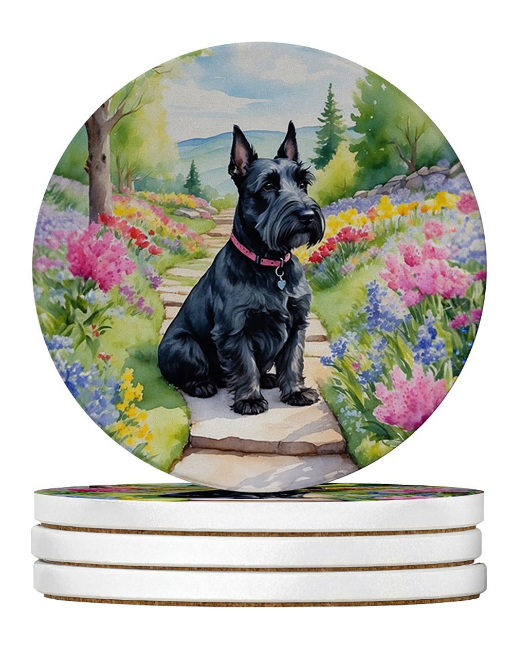 Scottish Terrier Spring Path Large Sandstone Coasters Pack Of 4 Absorbent Round Coasters Decor Gifts For Men Or Women, 4 In, Multicolor_maomaolike.com