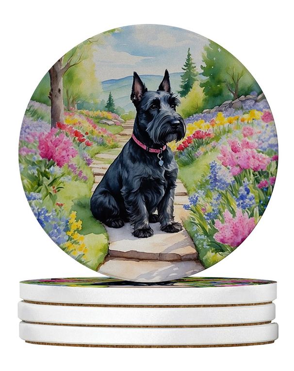 Scottish Terrier Spring Path Large Sandstone Coasters Pack Of 4 Absorbent Round Coasters Decor Gifts For Men Or Women, 4 In, Multicolor_maomaolike.com