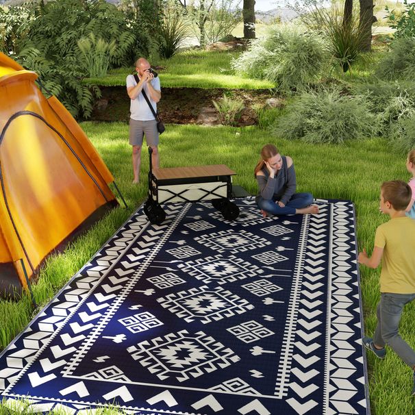 Reversible Outdoor Rug, Waterproof Plastic Straw With Carry Bag, 9 X 18, Blue & White Rhombus Patchwork_maomaolike.com