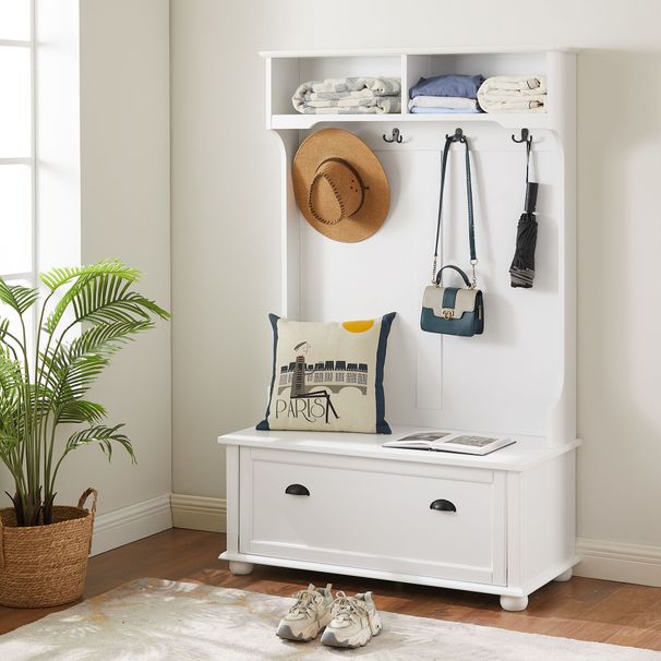 Modern Classic Hall Tree With Shoe Rack Bench And Coat Hooks For Hanging Storage, Entryway Bench With Open Shelves And Shoe Cabinets 40.16"W*18.58"D*64.17"H White_maomaolike.com