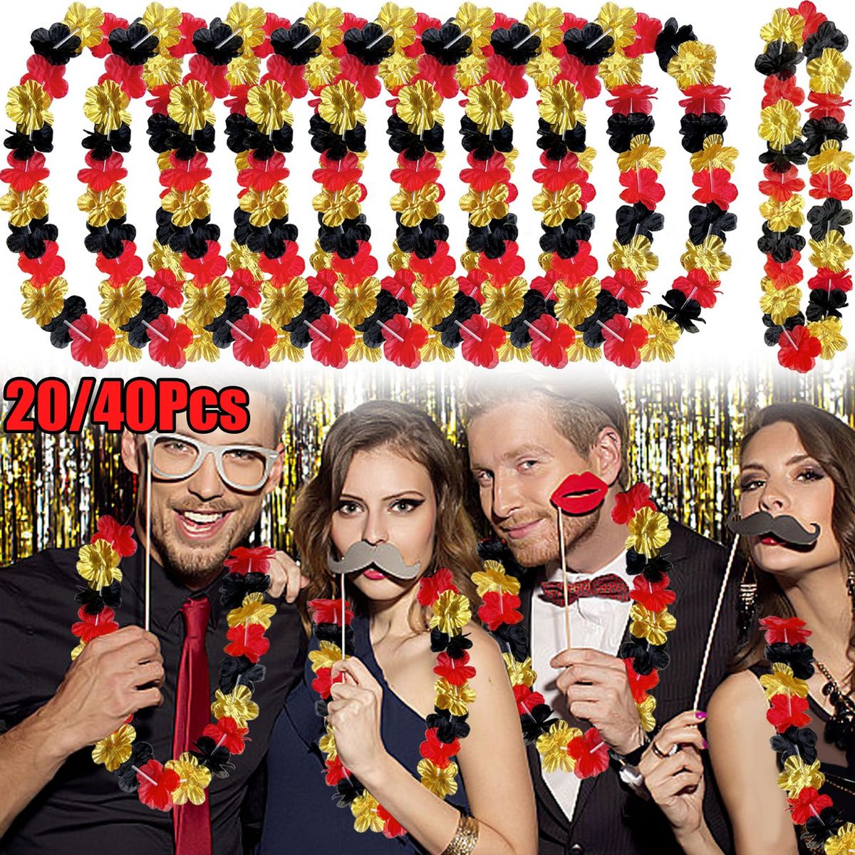 20Pcs Movie Night Flower Leis 19.7 In Golden Red Black Silk Flower Necklace Tropical Luau Hawaii Theme Party Favors Wreaths Headbands For Holiday Wedding Beach Birthday Decorations Supplies_maomaolike.com