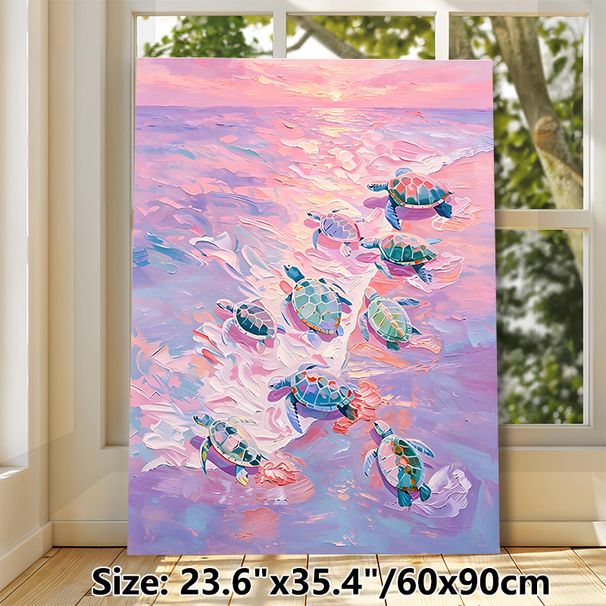 Sea Turtle Themed Painting Poster, Pastel Impasto Style Sunset Ocean Poster, Vibrant Textured Marine Art, Ideal For Bedroom, Living Room_maomaolike.com