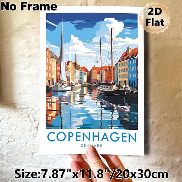 Copenhagen Harbor Themed Painting Poster, Vibrant Retro Style Poster, Scenic Waterfront With Colorful Buildings And Sailboats, Adds Charming Coastal_maomaolike.com