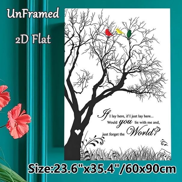 Tree With Birds & Romantic Poem Painting Poster, Minimalist Silhouette Bare Tree With Vibrant Birds And Lyrical Verse Poster, Delivers Tranquil Warm_maomaolike.com