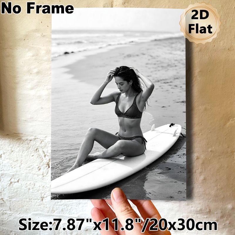 Surfer Girl Beach Painting Poster, Monochrome Minimalist Coastal Scene Poster, Tranquil Beach-inspired Decor, Suitable For Bedroom, Living Room And_maomaolike.com