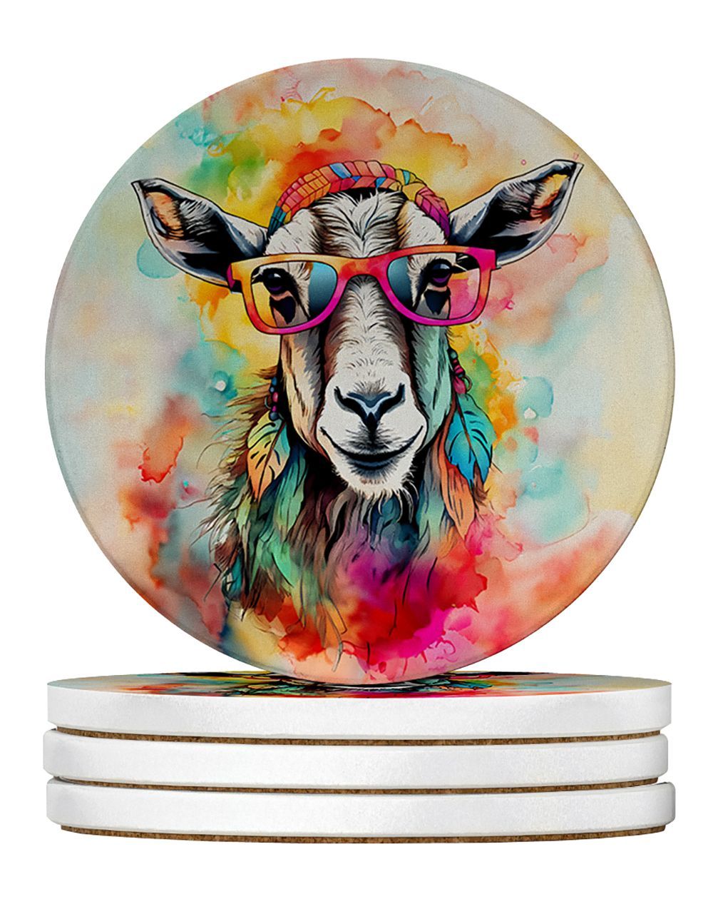 Hippie Animal Goat Large Sandstone Coasters Pack Of 4 Absorbent Round Coasters Decor Gifts For Men Or Women, 4 In, Multicolor_maomaolike.com