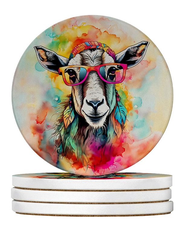 Hippie Animal Goat Large Sandstone Coasters Pack Of 4 Absorbent Round Coasters Decor Gifts For Men Or Women, 4 In, Multicolor_maomaolike.com