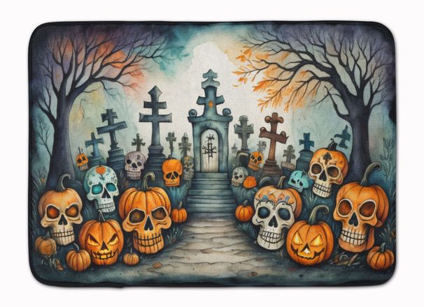 Calaveras Sugar Skulls Spooky Halloween Memory Foam Kitchen Mat Machine Washable Anti-Fatigue Mat Cushion Comfort Bath Mat Or Kitchen Rug_maomaolike.com