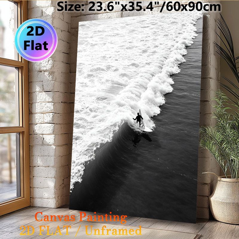 Surfing Themed Painting Poster, Monochrome Minimalist Surfer Riding Rolling Ocean Waves Poster, Stylish Coastal Art Piece Ideal For Bedroom, Living_maomaolike.com
