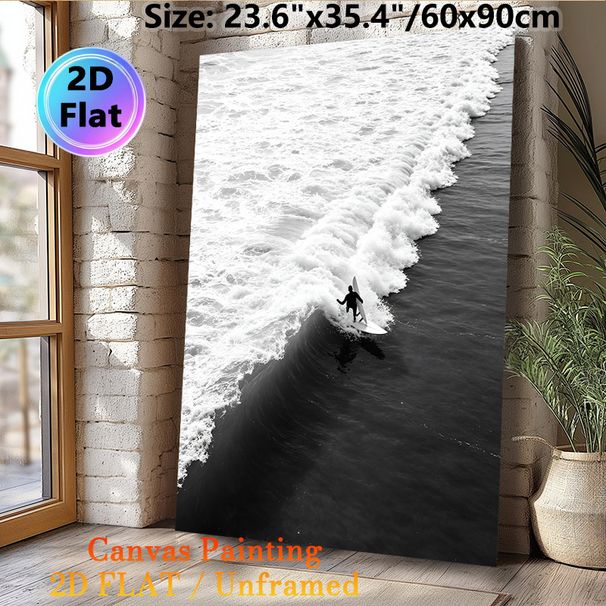 Surfing Themed Painting Poster, Monochrome Minimalist Surfer Riding Rolling Ocean Waves Poster, Stylish Coastal Art Piece Ideal For Bedroom, Living_maomaolike.com