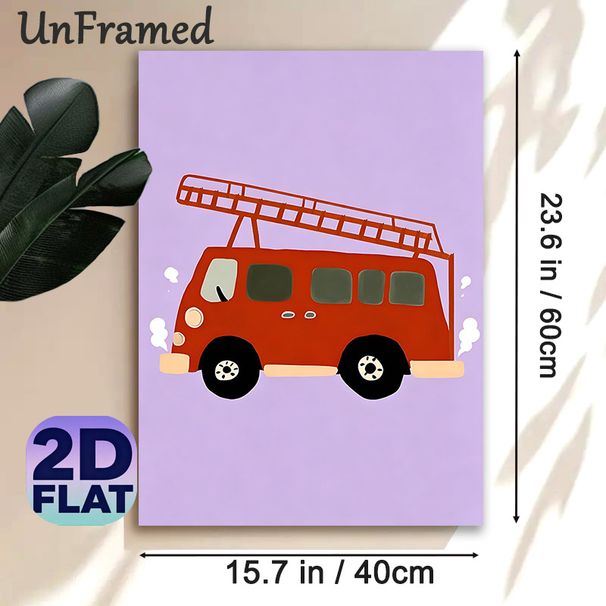 Fire Truck Themed Painting Poster, Cute Cartoon Style Red Fire Truck With Ladder Poster, Vibrant Playful Wall Decor Suitable For Living Room, Bedroom_maomaolike.com