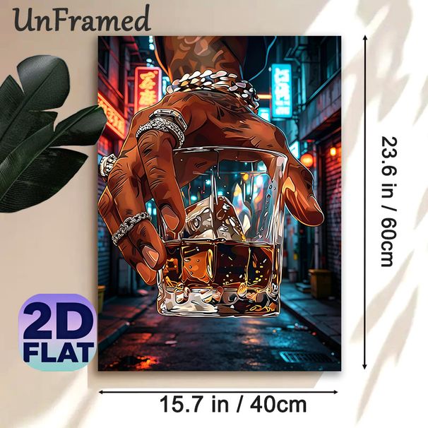 Whiskey Hand In Night City Painting Poster, Vibrant Cyberpunk-style Poster, Glowing Urban Alley Scene With Adorned Hand Holding Whiskey Glass_maomaolike.com