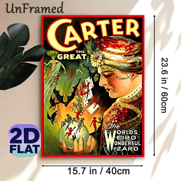 Vintage Magician Carter The Great Painting Poster, Vibrant Retro Fantasy Poster, Nostalgic Mystical Design With Whimsical Sprites, Ideal For Home Wall_maomaolike.com