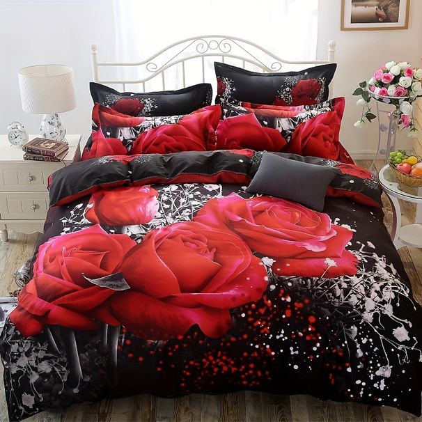 2/3pcs Red Rose Print Bedding Set, Soft Comfortable Duvet Cover, (1*Duvet Cover + 1/2*Pillowcase, Without Core)_maomaolike.com