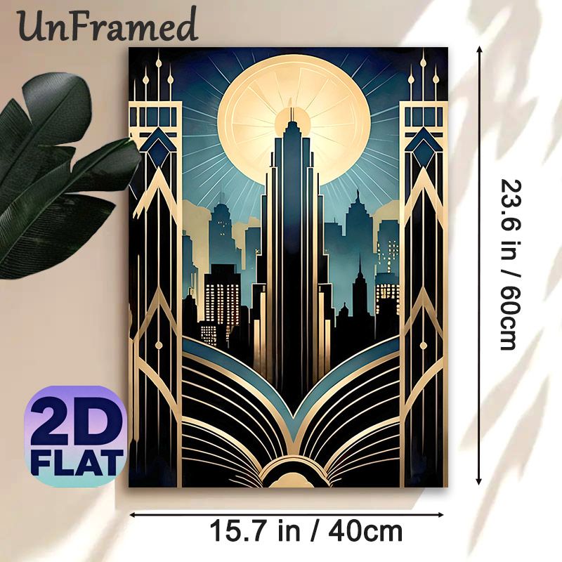Art Deco City Skyline Painting Poster, Sophisticated Retro Art Deco Style Poster, Luminous Urban Skyscape With Geometric Borders, Elegant Wall Decor_maomaolike.com