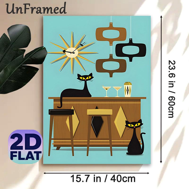 Mid-Century Modern Black Cat Bar Painting Poster, Vintage Stylized Retro Bar Scene Poster, Nostalgic Mid-century Themed Art, Ideal For Home Bar_maomaolike.com