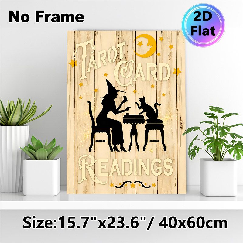 Tarot Card Readings Painting Poster, Vintage Witchy Silhouette Poster, Mystical Rustic Design With Witch, Black Cat, Moon And Stars, Ideal For Home_maomaolike.com